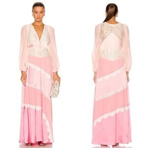 LoveShackFancy Kinsler Colorblock Satin Lace Long Sleeve Pink Maxi Dress Size 0